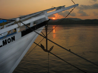 Indonesia, Komodo, Safari Boat with sunset