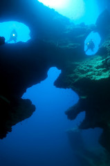 Philippines, Moalboal, Pescador Island, Cathedral, Reef with Divers